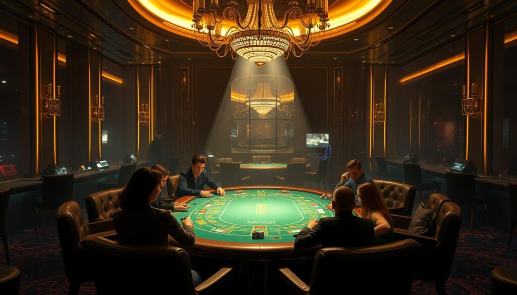 A modern, sleek casino interior with a focused spotlight illuminating the central baccarat table. The table is adorned with a green felt surface and surrounded by luxurious leather armchairs. Stylish casino patrons sit engaged in the game, their faces cast in dramatic shadows. Overhead, a grand chandelier casts a warm, ambient glow across the scene. The background is hazy, drawing the viewer's attention to the highlighted gaming action. A sense of anticipation and excitement permeates the atmosphere, inviting the viewer to imagine the latest casino promotions and special offers.