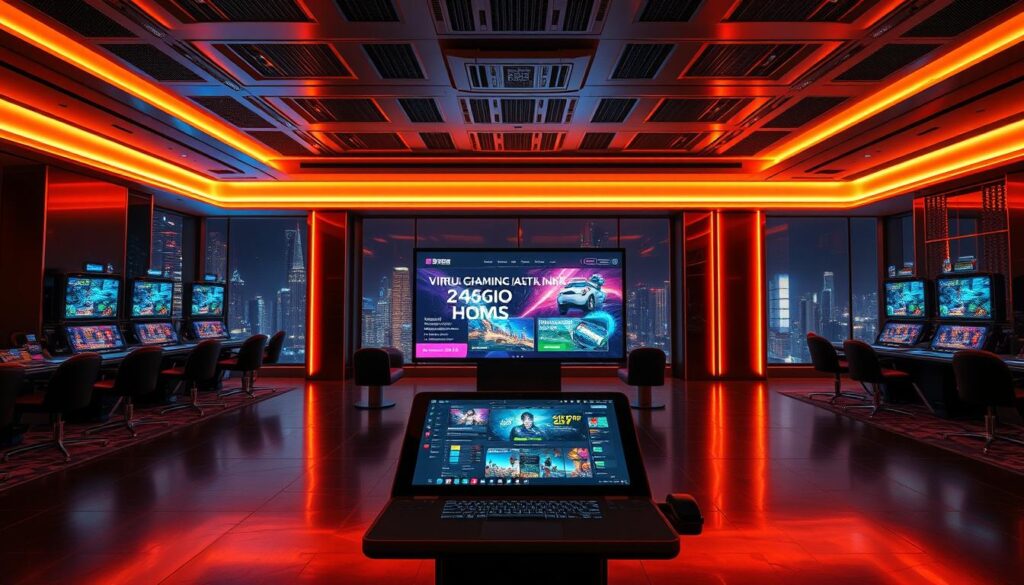 A modern, sleek casino interior with warm lighting and a sense of sophistication. In the foreground, a well-designed, user-friendly online betting interface takes center stage, showcasing the intuitive layout and seamless user experience of the virtual百家樂gaming platform. The middle ground features a large projection screen displaying dynamic graphics and enticing promotions, drawing the viewer's attention. In the background, a panoramic view of a bustling city skyline at night sets the mood, hinting at the excitement and thrill of the online casino experience. The overall composition conveys a balance of technological innovation, immersive entertainment, and a premium brand image tailored to the Taiwanese market.