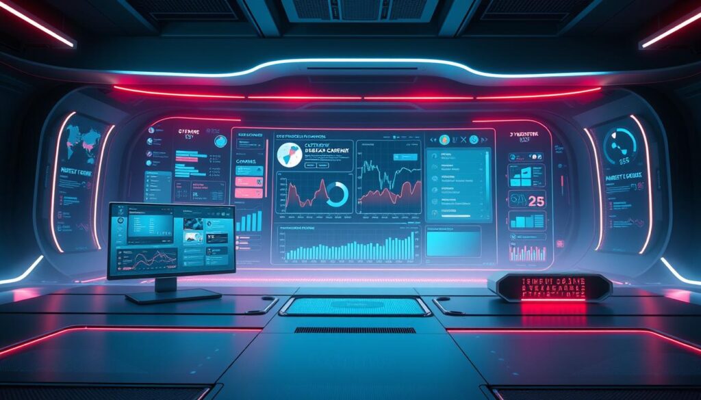 A modern, sleek technology platform with a dynamic display showcasing real-time updates. In the foreground, a clean, minimalist interface with customizable widgets and charts reflecting live data. The middle ground features a large central screen, crisp and vibrant, projecting streaming content and statistics. The background has a futuristic ambiance, with a hints of digital visualization, smooth gradients, and a subtle glow that creates an immersive, high-tech atmosphere. The overall scene conveys a sense of innovation, efficiency, and the ability to stay informed with the latest information at a glance.