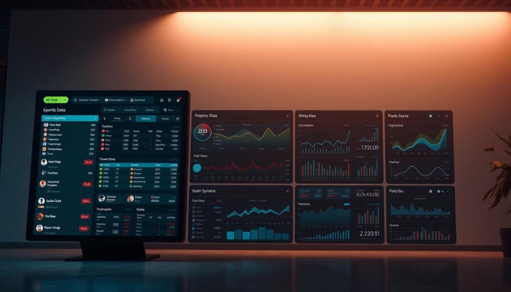 A modern, sleek web application interface displaying a real-time sports data dashboard. In the foreground, a large interactive touch screen shows various live scores, statistics, and betting odds for a selection of popular sporting events. The middle ground features neatly organized data visualizations, charts, and graphs providing in-depth game analyses and performance metrics. In the background, a minimalist design with clean lines, subtle gradients, and muted tones creates a sophisticated, high-tech ambiance. Soft, indirect lighting from above casts a warm glow over the scene, highlighting the crisp, responsive UI elements. The overall impression is one of an efficient, user-friendly platform for accessing comprehensive, up-to-the-minute sports data.