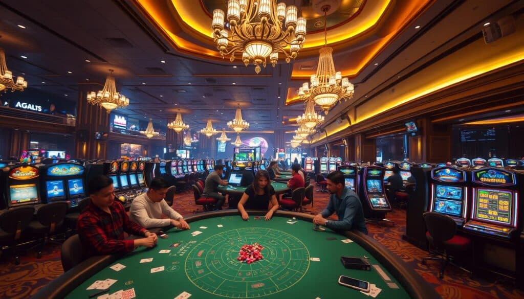 A modern, sprawling casino interior with a dimly lit, atmospheric ambiance. In the foreground, a lively baccarat table with players intensely focused on the game, chips and cards scattered across the green felt surface. In the middle ground, rows of slot machines and gaming terminals, their flashing lights and digital displays creating a sense of energy and excitement. The background reveals the scale of the casino, with high ceilings, elegant chandeliers, and ornate architectural details that evoke a sense of luxury and opulence. The overall scene captures the contrast between the immersive, high-stakes experience of a physical casino versus the convenience and accessibility of online gambling platforms.