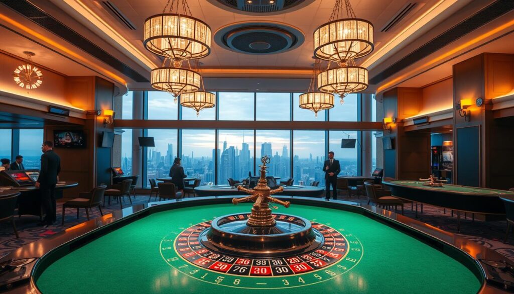 A modern, well-lit casino interior with a serene, polished ambiance. In the foreground, a gleaming roulette table is the focal point, its green felt surface inviting players to place their bets. Elegant chandeliers illuminate the scene, casting a warm, inviting glow. The middle ground features discreet security measures, such as security cameras and guards, ensuring a safe and secure environment. In the background, a panoramic view of the city skyline can be seen through large, floor-to-ceiling windows, emphasizing the casino's prime location. The overall atmosphere exudes a sense of sophistication, comfort, and responsible gambling.
