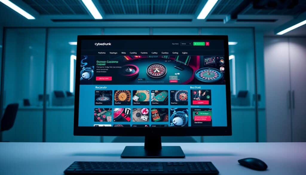 A modern, well-lit computer screen displaying a sleek, professional-looking gambling website. The screen is positioned on a minimalist desk, surrounded by a clean, sophisticated office environment. The website's interface showcases a variety of casino games, including high-quality renders of roulette, blackjack, and baccarat tables. The overall atmosphere conveys a sense of sophistication, attention to detail, and technological innovation in the online gambling industry.