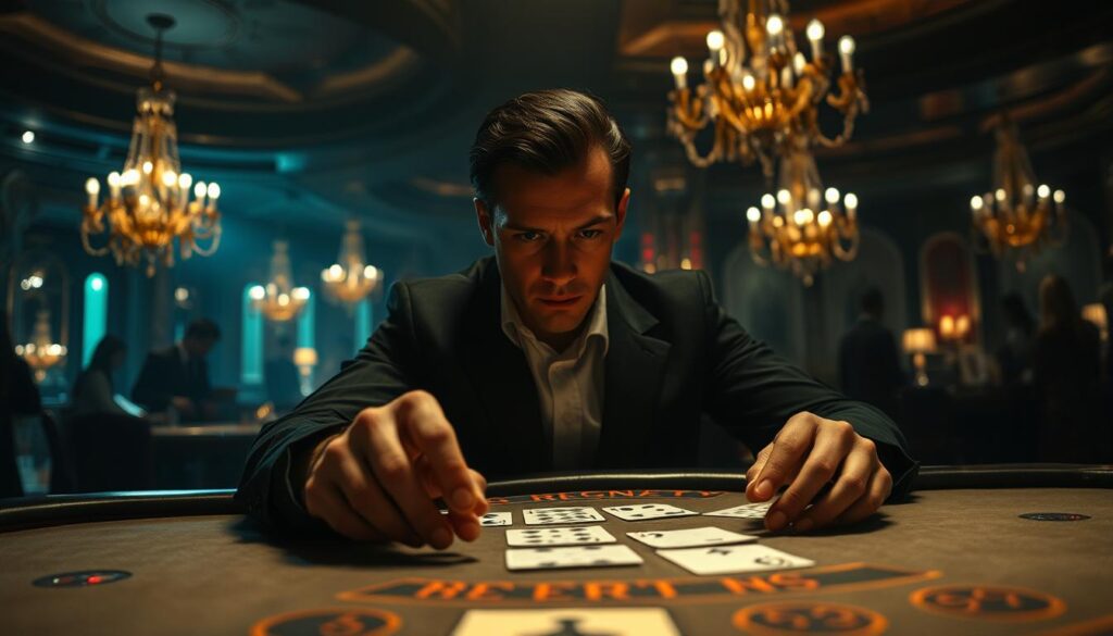 A mysterious, dimly lit table with a high-stakes game of Baccarat unfolding. In the foreground, the player's hands hover over the cards, their expression intense and focused, as they carefully consider their next move. In the middle ground, the casino's opulent interior is illuminated by the soft glow of chandeliers, casting shadows that add to the tension. The background is shrouded in a sense of secrecy, hinting at the unseen psychological tactics and strategies at play in this high-stakes world. The overall atmosphere is one of strategic calculation, where every decision could mean the difference between triumph and defeat.