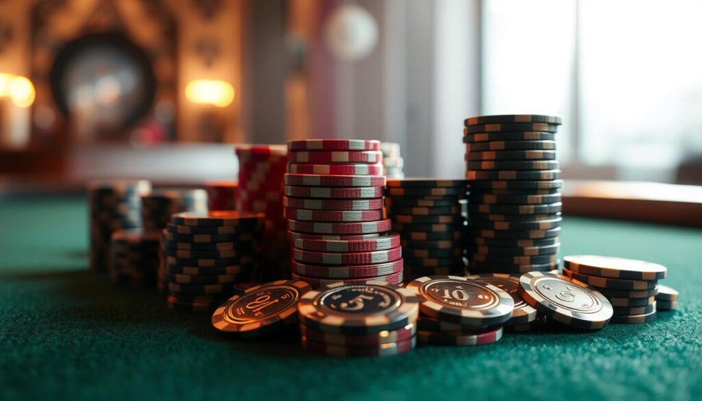A neatly arranged collection of casino chips in varying denominations, meticulously stacked and organized on a green felt table. The lighting is soft and warm, creating a cozy, inviting atmosphere that evokes the ambiance of a high-stakes gaming establishment. The chips are rendered with exquisite attention to detail, their metallic edges and intricate designs gleaming under the carefully curated illumination. The overall composition emphasizes the importance of strategic chip management, hinting at the nuanced decision-making required to excel at the game of baccarat.