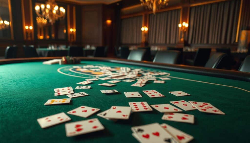 A neatly arranged table with a green felt surface, illuminated by soft, warm lighting. On the table, playing cards are scattered in a pattern, revealing the intricate analysis of a Baccarat game. In the background, a sophisticated casino setting with subtle details like ornate chandeliers and elegant curtains, creating an atmosphere of strategic contemplation and high-stakes decision-making. The overall composition conveys a sense of expertise, precision, and the mastery of Baccarat game strategy.