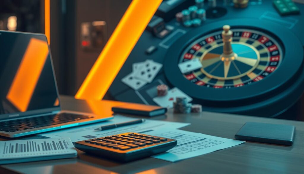 A neatly organized desk with a laptop, calculator, and financial documents. The lighting is warm and focused, creating a calm, professional atmosphere. In the background, a stylized image of a roulette table with playing cards and casino chips, symbolizing the risk and strategy involved in managing casino finances. The overall composition conveys the careful balance of capital management and risk control in the context of baccarat gameplay.