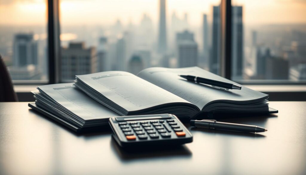 A neatly organized office desk with an open ledger book, a calculator, and a pen. The background features a blurred cityscape through a large window, suggesting a high-rise office setting. The lighting is soft and warm, creating a professional and contemplative atmosphere. The composition emphasizes the importance of financial management, with the desk items taking up the foreground and the cityscape receding into the background, symbolizing the broader financial landscape. The overall scene conveys a sense of diligence, precision, and strategic thinking in the realm of personal or business finance.