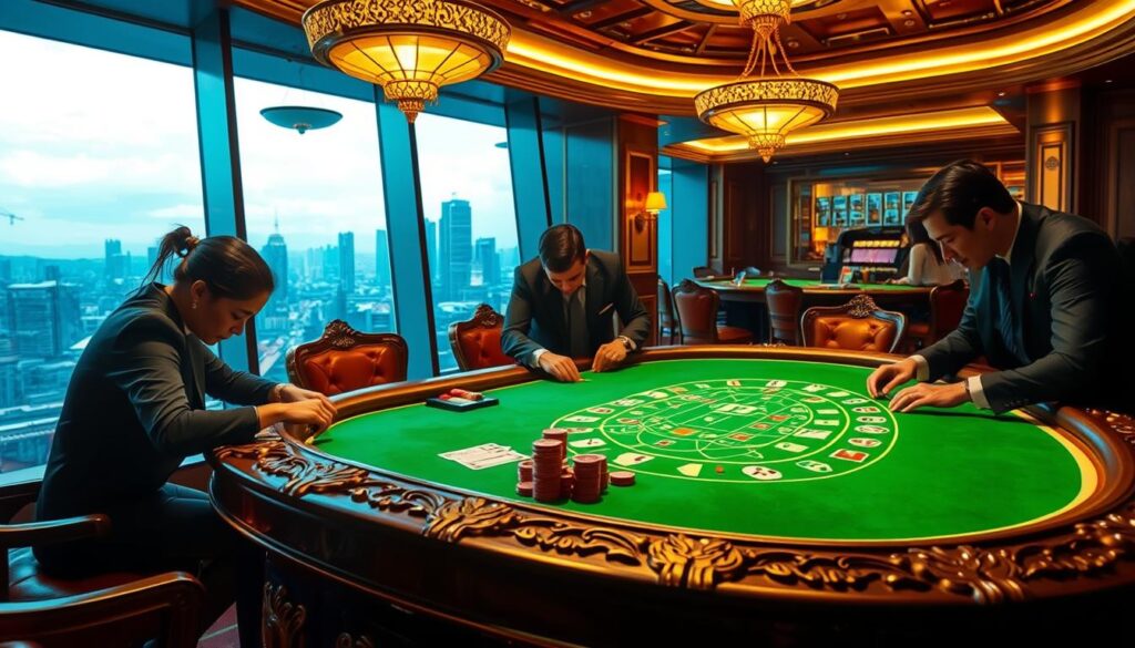 A neon-lit baccarat table in a luxurious casino, its green felt illuminated by warm overhead lighting. Elegant players in formal attire lean over the table, intently studying their cards and chips. The table is adorned with intricate carvings and gold accents, reflecting the high-stakes nature of the game. In the background, a panoramic view of a bustling city skyline can be seen through large windows, adding to the sense of sophistication and grandeur. The scene conveys the strategic importance of baccarat betting, where every decision holds the potential for great reward or risk.