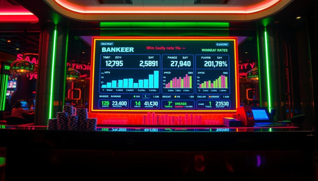 A neon-lit bar counter against a backdrop of casino-style decor. Glowing green and blue lights cast a vibrant glow, illuminating stacks of casino chips and a large screen displaying real-time statistics on the winning rates of the banker and player hands in baccarat. The screen shows colorful graphs and charts, presenting the data in a clear and visually engaging way. The atmosphere is lively and energetic, capturing the excitement and thrill of the baccarat gaming experience. The scene is shot from a slightly elevated angle, providing a comprehensive view of the statistical displays and the immersive casino setting.