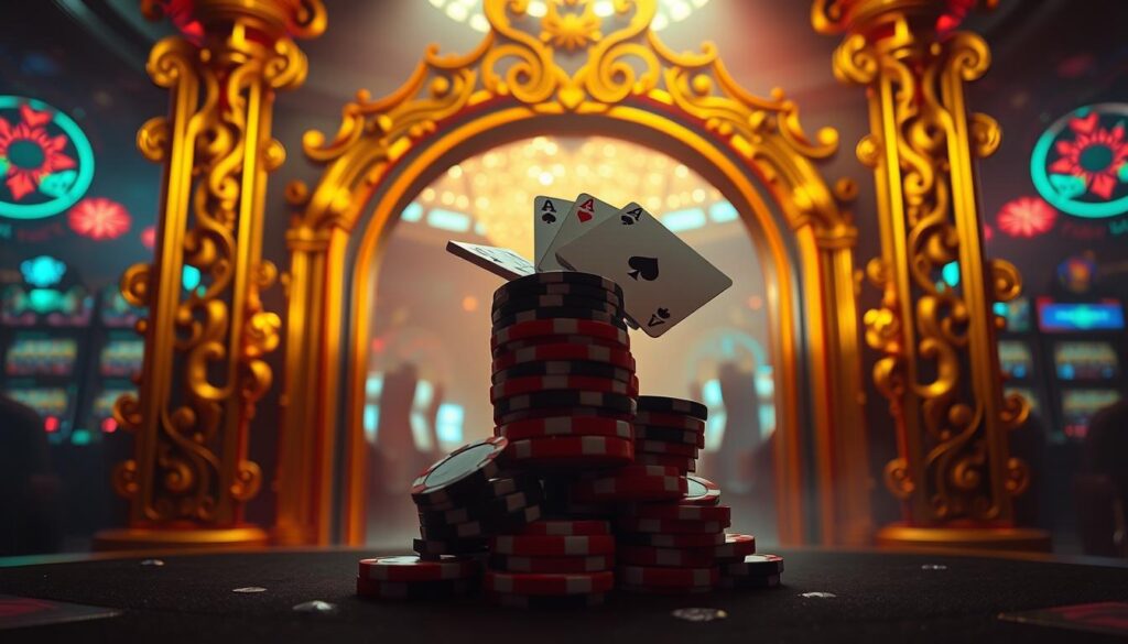 A neon-lit casino scene with an ornate golden gateway framing the central focus - a stack of casino chips, dice, and playing cards floating in mid-air. The background is hazy with the glow of slot machines and roulette tables, creating an atmosphere of excitement and anticipation. Dramatic shadows and highlights define the shapes, emphasizing the three-dimensional nature of the objects. The overall tone is one of luxury, opulence, and the tantalizing promise of potential winnings, inviting the viewer to indulge in the thrill of gambling.
