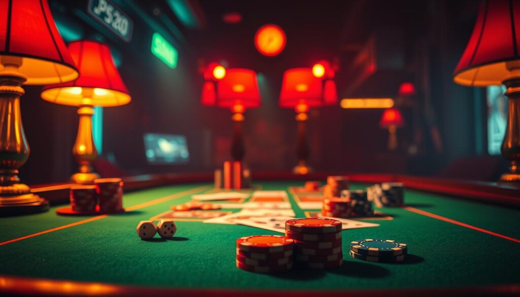 A neon-lit casino table, green felt surface reflecting the warm glow of table lamps. On the tabletop, dice, playing cards, and casino chips arranged in a strategic formation, hinting at winning techniques. In the background, a looming sense of mystery and the thrill of high-stakes gambling, with a subtle depth of field blur to focus attention on the key elements. Dramatic chiaroscuro lighting creates dramatic shadows, conveying the tension and anticipation of a pivotal moment in the game. The overall mood is one of calculated risk and the pursuit of victory.