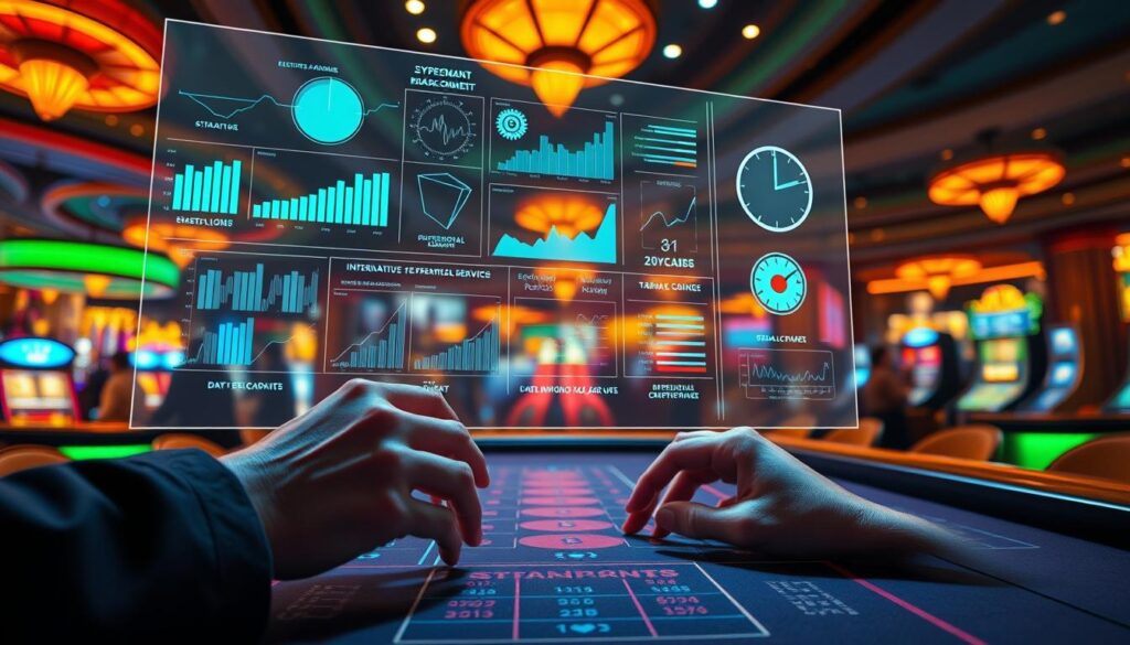 A neon-lit casino table with a translucent data visualization display hovering above it, showcasing charts, graphs, and statistical models. In the foreground, a player's hands intently studying the data, while the background is filled with the hustle and bustle of a bustling casino. Warm lighting casts a strategic glow, and the camera angle is positioned to emphasize the interplay between data analysis and the game of baccarat. The overall mood is one of calculated decision-making, with a touch of the excitement and risk inherent in the game.