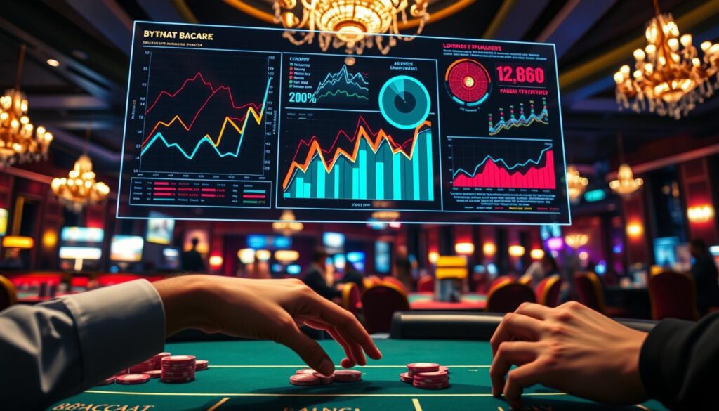 A neon-lit data visualization dashboard hovers above a gambling table, its vibrant graphs and charts casting an analytical glow. In the foreground, a hand delicately moves betting chips, guided by the insights gleaned from the dynamic data display. The background is a dimly lit casino interior, with chandelier-lit card tables and the distant chatter of players. A sense of focus and determination permeates the scene, as the player leverages the power of data analysis to enhance their odds of success in the high-stakes world of baccarat.