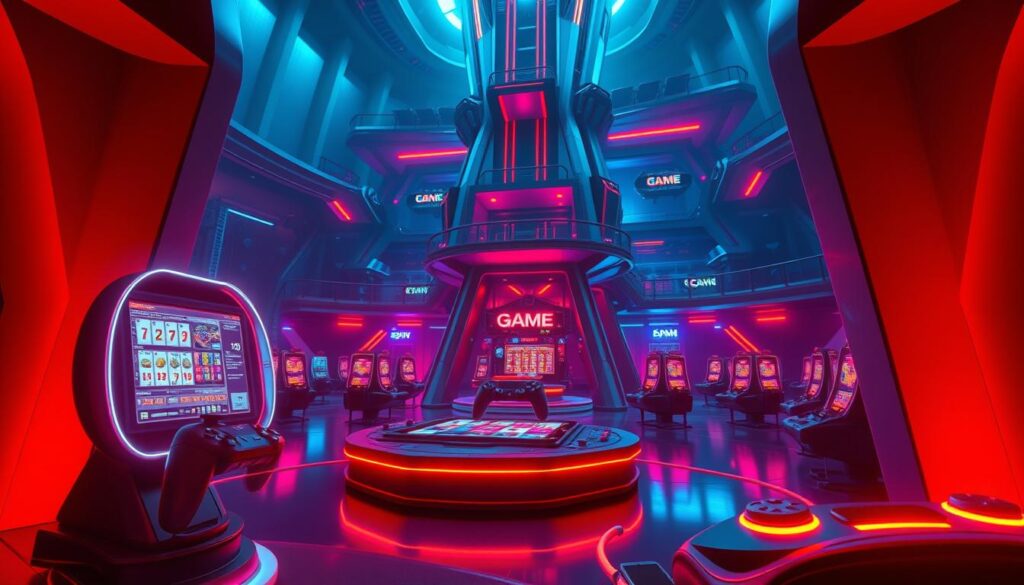 A neon-lit, futuristic gaming platform with a sleek, minimalist design. In the foreground, a curved, holographic display showcases vibrant, high-definition graphics of a classic casino game. The middle ground features stylized game controllers and input devices, all backlit with a warm, inviting glow. The background is dominated by a towering, multi-level structure with angular lines and reflective surfaces, creating an immersive, high-tech atmosphere. Diffused lighting casts long shadows, adding depth and a sense of dynamism to the scene. The overall mood is one of excitement, innovation, and the thrill of modern gaming experiences.