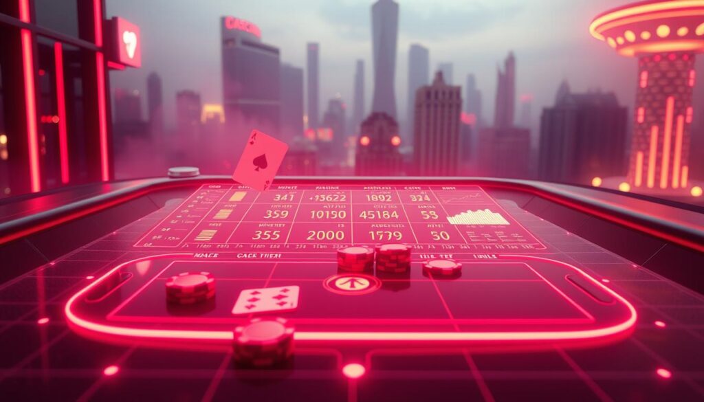 A neon-lit, high-contrast data visualization depicting the mathematical analysis of baccarat winning probabilities. In the foreground, a sleek, minimalist wireframe model of a casino table with cards and chips floating weightlessly. In the middle ground, a grid of glowing statistical charts and graphs showcasing the calculated odds and strategies for maximizing returns. The background is a hazy, atmospheric cityscape, with the faint silhouettes of skyscrapers and the pulsing lights of the nightlife. The overall mood is one of technological sophistication, data-driven insights, and the excitement of gambling in a modern metropolis.
