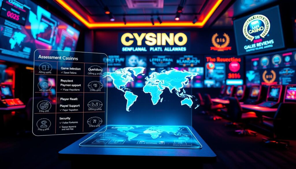 A neon-lit online casino, with a sleek and modern atmosphere. In the foreground, a holographic display shows various assessment criteria such as game selection, payment options, customer support, and security. The middle ground features a stylized world map, indicating global reach and reputation. In the background, a wall of digital screens showcases player reviews, ratings, and industry awards, all shimmering with a futuristic ambiance. Soft, diffused lighting creates an inviting and immersive environment, while a sense of technological innovation permeates the scene.