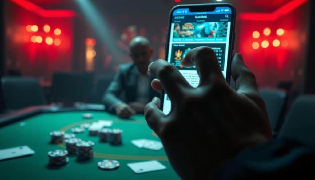 A news article detailing the latest developments in the online gambling industry, set against a backdrop of a dimly lit casino interior. In the foreground, a hand gestures towards a smartphone displaying a gambling website, with the glare of the screen casting a soft, eerie light on the user's face. In the middle ground, gambling chips and cards are scattered across a green felt table, hinting at the high-stakes nature of the topic. The background is shrouded in shadow, creating a sense of mystery and unease, reflecting the potentially dangerous and addictive nature of the subject matter. The overall mood is one of tension and intrigue, captured through a cinematic, low-key lighting setup and a tight, focused framing.