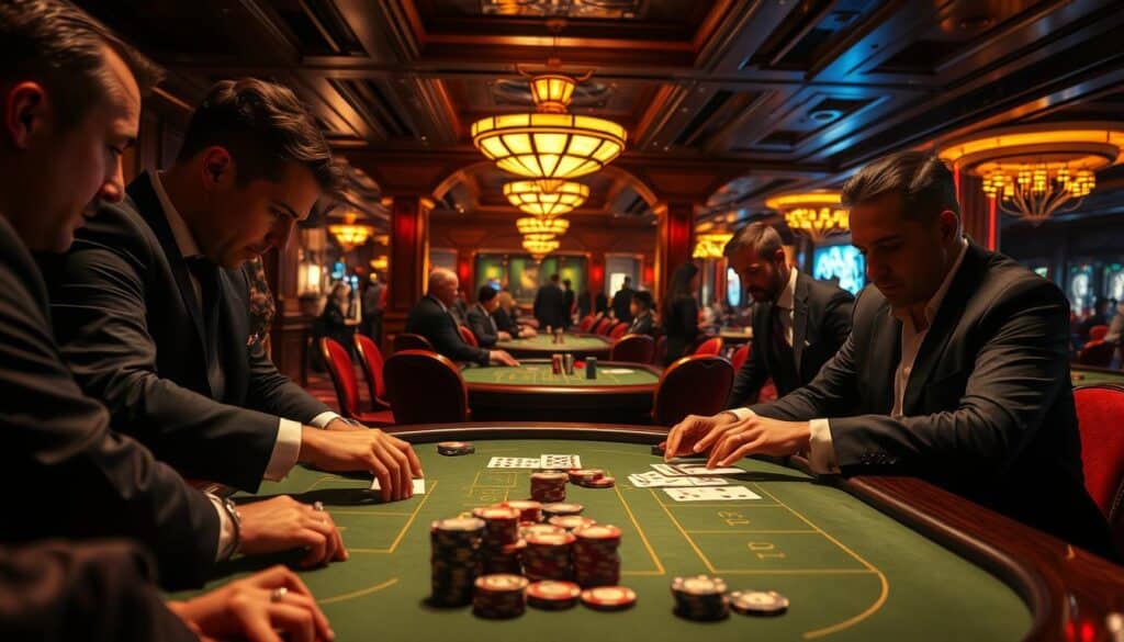 A opulent casino interior filled with polished mahogany tables and plush velvet chairs, where a group of well-dressed patrons intently study the green felt of a baccarat table. The dim, warm lighting casts a golden glow, creating an atmosphere of sophisticated gameplay. In the foreground, a dealer's hands skillfully deal the cards, while players lean in, their expressions a mix of focus and anticipation. The middle ground features an array of betting chips in varied denominations, symbolizing the different betting strategies employed. In the background, the faint outline of other gaming tables and the murmur of conversations create a sense of the bustling casino environment. The entire scene conveys the tension and excitement of the baccarat experience.