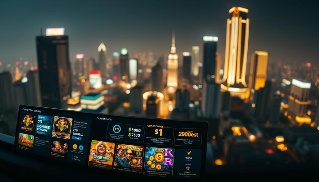 A panoramic view of an online casino's promotional activities, captured in a cinematic style. In the foreground, a sleek, modern interface showcases various bonuses, free spins, and tournaments. The middle ground features stylized icons and infographics highlighting the key details of these offers. In the background, a blurred cityscape at night sets the mood, with neon lights and skyscrapers reflecting in the distance. The overall atmosphere conveys a sense of excitement, luxury, and the thrill of the digital gaming experience. Soft, warm lighting illuminates the scene, creating depth and a sense of depth of field. The camera angle is slightly elevated, offering a bird's-eye perspective that emphasizes the scale and breadth of the casino's promotional landscape.