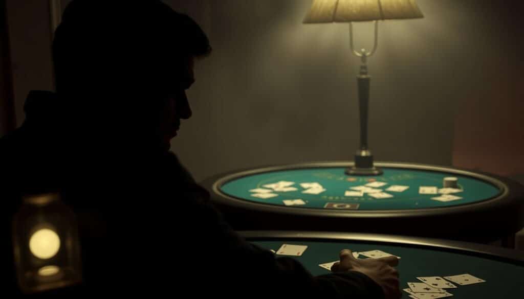 A pensive figure sits in a dimly lit room, contemplating the psychological factors at play in a high-stakes game of baccarat. The foreground features a shadowy profile, brow furrowed in concentration, surrounded by the soft glow of a tabletop lamp. In the middle ground, playing cards are scattered across a green felt surface, symbolizing the decisions and strategies involved. The background is hazy, evoking the tension and intensity of the game, with a sense of isolation and introspection. The lighting is moody and atmospheric, creating a sense of depth and drama. The angle is slightly low, drawing the viewer into the subject's introspective state. Overall, the image conveys the psychological weight and mental acuity required to navigate the complexities of baccarat.