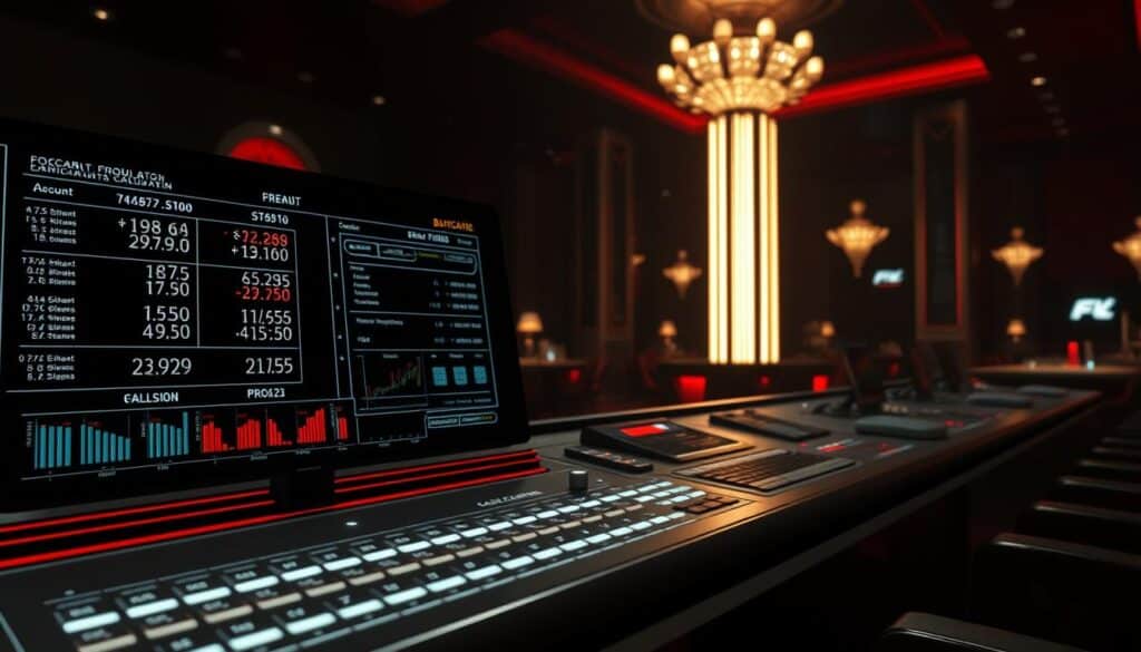 A precisely detailed 3D rendering of a baccarat probability calculator interface. The foreground features a sleek, minimalist digital display showing statistical calculations and data visualizations related to baccarat gameplay. The middle ground showcases precision control panels and input devices for manipulating the calculations. The background depicts a dimly lit, high-contrast casino environment with subtle hints of luxury and sophistication, creating an atmosphere of serious strategic analysis. Dramatic chiaroscuro lighting illuminates the scene, casting dramatic shadows and highlights to emphasize the technical complexity of the subject matter. The overall aesthetic conveys a sense of uncompromising professionalism and mathematical rigor.