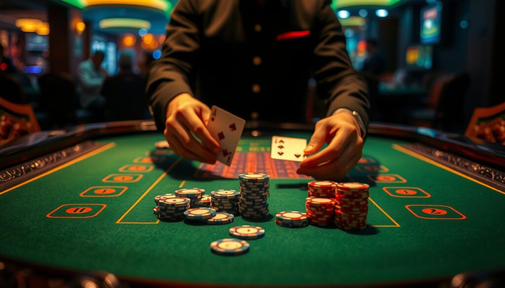 A pristine, high-contrast casino table with a green felt surface and carved wooden edges. The scene is bathed in warm, ambient lighting, casting a subtle glow across the table. In the foreground, a professional dealer's hands carefully shuffle a deck of playing cards, their movements fluid and practiced. In the middle ground, a collection of casino chips in various denominations are neatly stacked, ready for strategic placement. The background is slightly blurred, hinting at the bustling casino atmosphere, but the focus remains firmly on the table and the essential elements of the baccarat game.