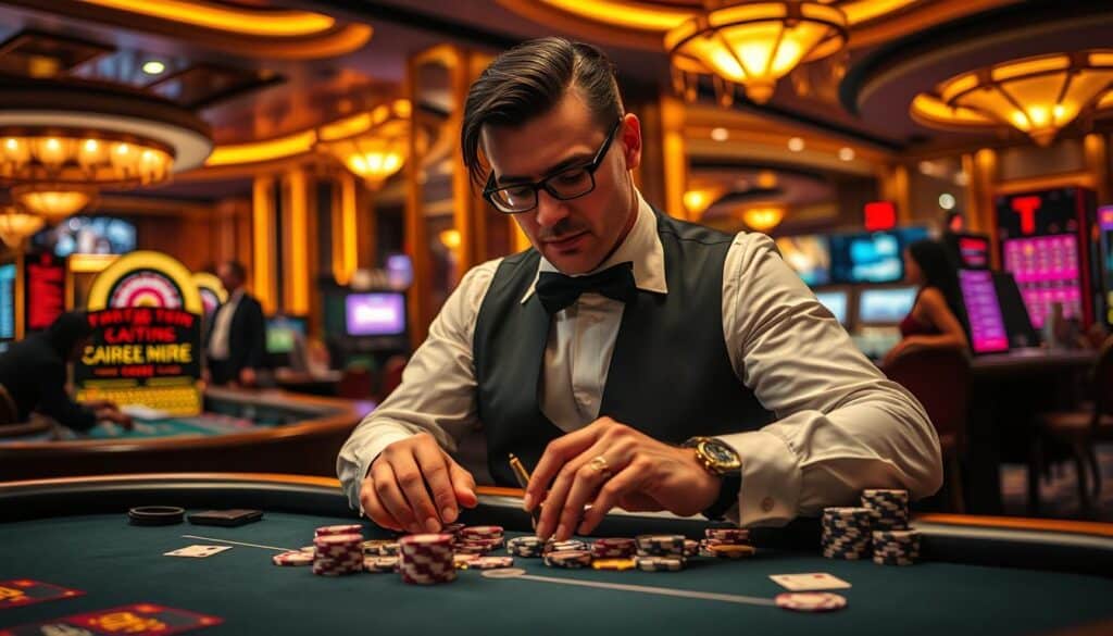 A professional casino croupier carefully handling casino chips and cards, with an array of casino equipment and décor in the background, conveying an atmosphere of sophisticated risk management and strategic play. Warm lighting bathes the scene, creating a sense of contemplation and measured decision-making. The croupier's expression exudes a calm, experienced demeanor, suggesting the "secrets" of winning and responsible gambling.