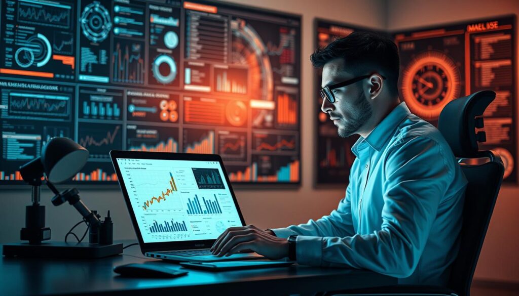 A professional data analyst sitting at a desk, intently studying charts and graphs on a laptop screen. The office environment is modern and minimalist, with clean lines and a neutral color palette. Soft, directional lighting from a nearby window casts a warm glow, highlighting the analyst's focused expression. In the background, a large data visualization board displays intricate patterns and insights, conveying the complexity and importance of the data analysis process. The overall mood is one of intellectual concentration and the pursuit of actionable business intelligence to drive strategic decision-making.