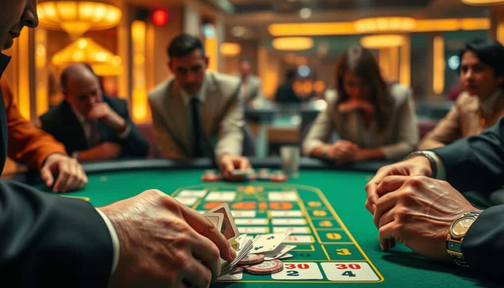 A professional gambler's detailed evaluation of a high-stakes baccarat game. The foreground features a close-up of a dealer's hands shuffling and dealing the cards, with a player's hands holding betting chips in anticipation. The middle ground showcases the table's green felt surface, illuminated by warm, diffused lighting that creates a sense of intensity and focus. In the background, blurred figures of other players lean in, their expressions intent as they scrutinize the unfolding action. The overall mood is one of serious concentration, with a touch of excitement and the thrill of risk-taking inherent in the world of high-stakes casino gaming.