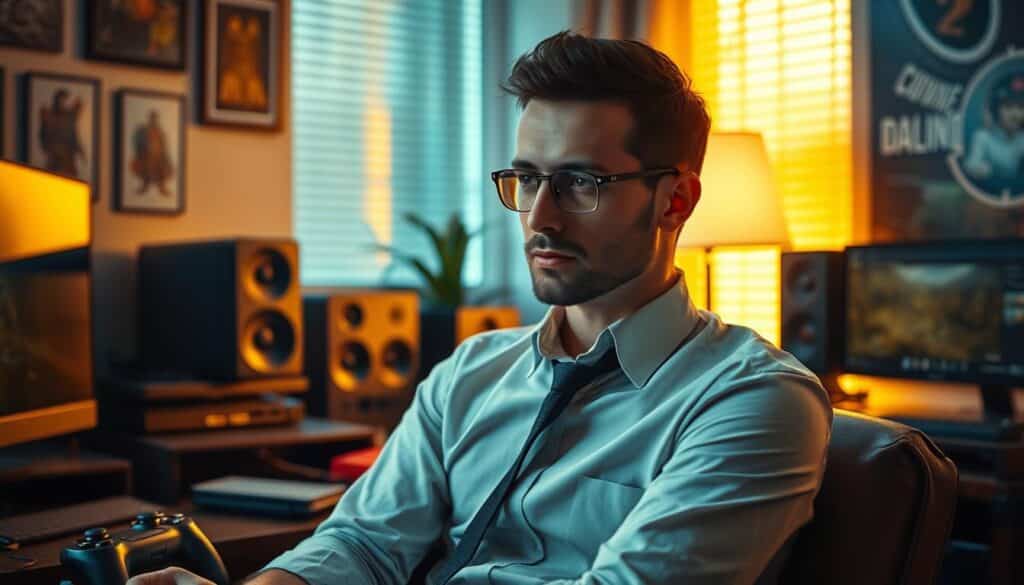 A professional video game critic sitting in a cozy home office, surrounded by gaming consoles, controllers, and a high-end computer setup. Dressed in a crisp button-down shirt and tie, the critic has a thoughtful expression as they carefully consider their analysis of the latest casino gaming title. Warm, directional lighting from a nearby window casts dramatic shadows, creating a sense of focus and intensity. The background is a blend of modern, minimalist decor and subtle gaming memorabilia, conveying the subject's expertise and passion for the industry.