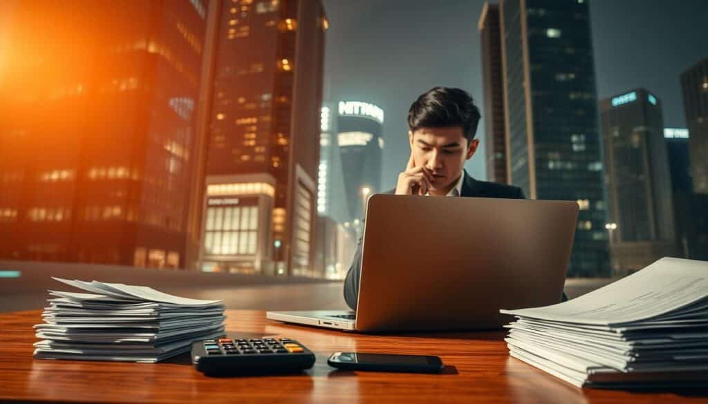 A professional, well-lit scene depicting the concept of "資金管理". In the foreground, a wooden desk with a laptop, calculator, and neatly stacked financial documents. In the middle ground, a person in a suit, deep in thought, analyzing stock charts and financial data on the laptop screen. The background features tall, modern office buildings, conveying a sense of a bustling financial district. The lighting is warm and directional, creating subtle shadows and highlights that accentuate the serious, contemplative mood. The composition is balanced, with the person's gaze drawing the viewer's attention to the core of financial decision-making.