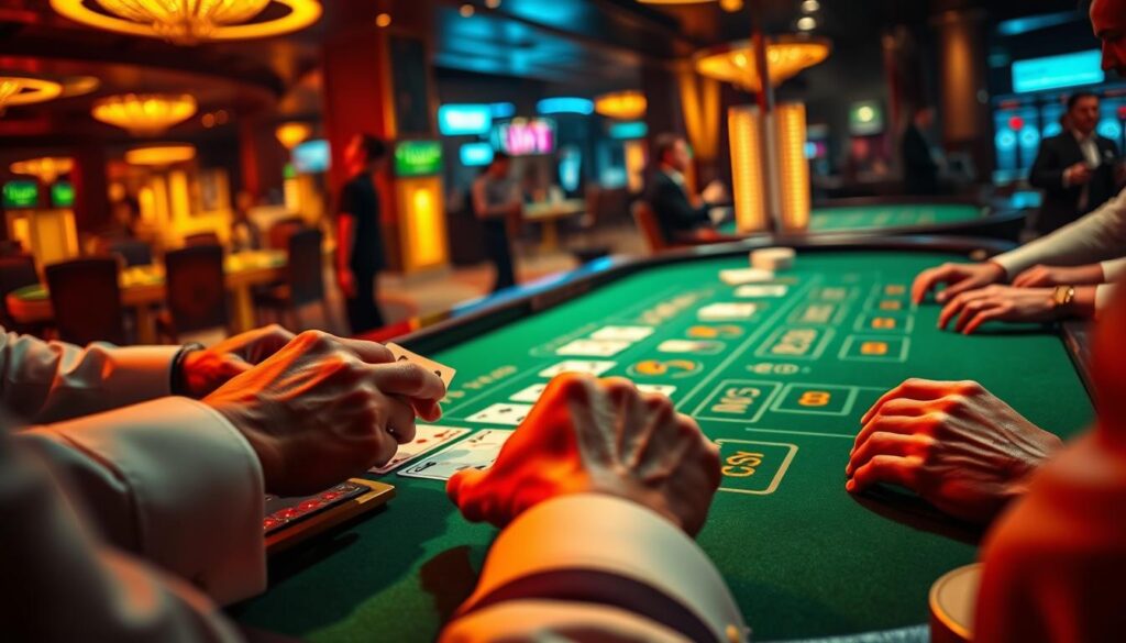 A realistic image of a casino table showcasing a baccarat game. The table is illuminated by warm, atmospheric lighting, casting shadows and highlights across the green felt surface. In the foreground, a croupier's hands manipulate playing cards with precision, while several players' hands cautiously place bets around the table's edge. The background features the blurred outlines of other gaming tables and patrons, evoking the bustling energy of a high-end casino. The overall scene conveys a sense of tension and strategy, reflecting the strategic nature of baccarat gameplay.