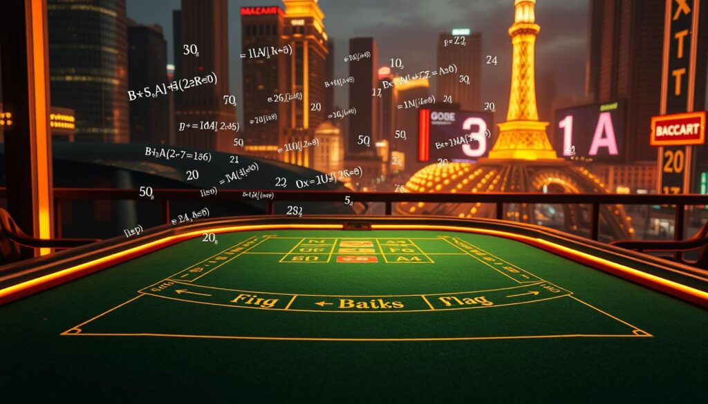 A richly detailed analysis of the probabilities and strategies in the game of baccarat, captured in a striking visual metaphor. In the foreground, a stylized baccarat table is illuminated by warm, golden lighting, its green felt surface evoking the tranquility of a zen garden. Cascading across the table, elegant mathematical equations and probability distributions float and dance, representing the complex calculations and forecasting involved in optimizing baccarat gameplay. In the background, a dramatic cityscape of towering skyscrapers and neon-lit streets suggests the high-stakes, fast-paced world of casino gambling. The overall composition conveys a sense of intellectual rigor, strategic depth, and the thrill of the game.