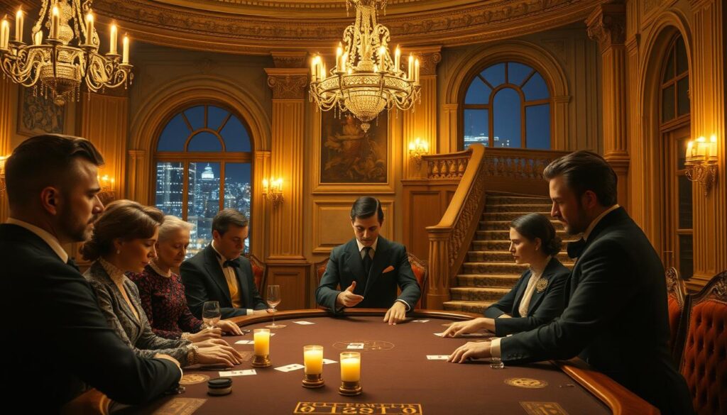 A richly detailed and atmospheric scene depicting the origins and history of baccarat, the classic card game. Set in a lavish 19th century European gaming hall, the image showcases an ornate interior with high ceilings, elaborate chandeliers, and plush velvet furnishings. In the foreground, a group of well-dressed aristocrats are intently focused on a baccarat table, their faces illuminated by the soft, warm glow of candlelight. The middle ground features a uniformed croupier expertly dealing the cards, while the background reveals a grand marble staircase and towering arched windows offering a glimpse of a nighttime cityscape beyond. The scene conveys a sense of refined elegance, historical grandeur, and the timeless allure of this classic casino game.