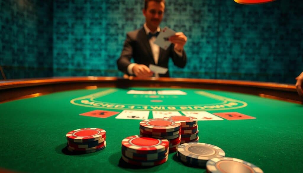 A richly detailed casino table, the green baize surface reflecting the warm lighting overhead. In the foreground, a neatly arranged row of casino chips in denominations of red, white, and blue. The table's curved edges and ornate wooden trim create a sense of elegance and sophistication. In the middle ground, a dealer's hand deals cards with precision, the cards' faces obscured. In the background, a subtle pattern of repeating shapes and lines evokes the geometric motifs common in casino decor, creating a visually engaging and immersive scene that captures the essence of the Baccarat gaming experience.