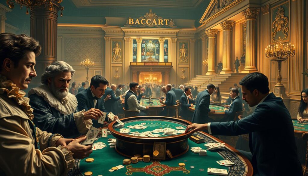 A richly detailed scene depicting the historical origins and evolution of the game of Baccarat. In the foreground, elegant 17th century European aristocrats engaged in a lively round of the card game, their expressions intense as they toss gilded coins and cards across an ornate gaming table. In the middle ground, the scene transitions to a bustling 19th century casino, with smartly-dressed patrons crowding around green-felt tables, the air thick with the sounds of shuffling cards and the clinking of glasses. In the background, a grand, neoclassical casino facade comes into view, its towering columns and gilded embellishments reflecting the game's enduring legacy and association with high society. Warm, amber lighting casts a timeless, nostalgic glow over the entire scene, capturing the spirit and allure of Baccarat's storied history.