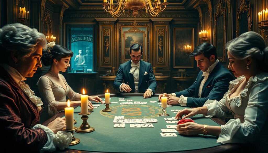 A richly detailed scene depicting the historical origins of the game of Baccarat. In the foreground, elegant 18th-century aristocrats are seated around a lavish casino table, their faces illuminated by the soft glow of candlelight. In the middle ground, a dapper croupier presides over the proceedings, expertly shuffling and dealing the cards. In the background, the interior of an opulent European palace is visible, its ornate architecture and gilded decor suggesting the high-stakes world of aristocratic gambling. Subtle shadows and highlights create an atmosphere of refined sophistication, while the overall composition conveys a sense of the game's enduring legacy and continued allure.