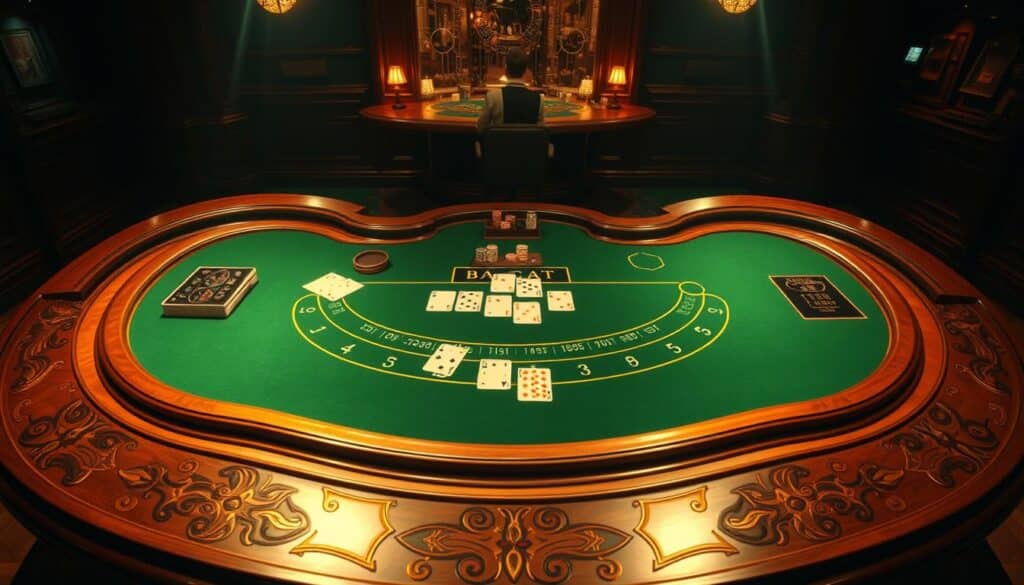 A richly detailed scene of a casino gaming table, with a green felt surface and intricate woodwork frames. In the center, the Baccarat game is in full swing, with cards and chips artfully arranged. The lighting is warm and inviting, casting a subtle glow over the proceedings. The angle is slightly elevated, giving the viewer a birds-eye perspective of the action. The overall mood is one of excitement and anticipation, perfectly capturing the thrill of the casino experience.
