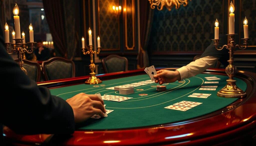 A richly detailed table of a baccarat game in progress, with a polished green felt surface and gleaming wooden edges. Elegant brass candlesticks illuminate the scene, casting a warm glow. In the foreground, the player's hands delicately handle the cards, while the dealer's hands expertly distribute them. The background features ornate casino decor, with plush curtains and a patterned wallpaper. The atmosphere is one of refined sophistication, inviting the viewer to experience the thrill and strategy of this classic casino game.
