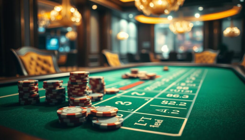A richly detailed tabletop scene showcasing the key betting options for the classic baccarat game. In the foreground, a green felt casino table with a clear grid of betting zones - banker, player, tie, and side bets. Atop the table, elegant casino chips in a variety of denominations, carefully arranged. Overhead, a warm, golden lighting casts a sophisticated ambiance, while the background features a blurred, elegant casino interior with plush furnishings. The composition emphasizes the strategic decision-making involved in baccarat, inviting the viewer to envision the thrilling gaming experience.