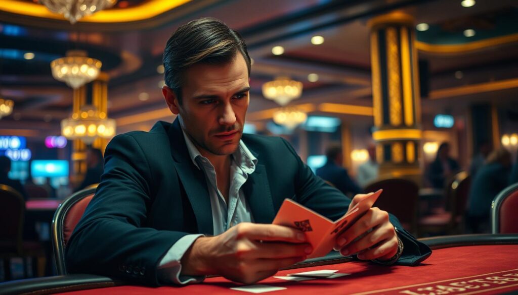 A seasoned gambler, seated at a table, intently studying the cards in their hand. The table is illuminated by warm, focused lighting, casting a contemplative glow over the player's expression. In the background, the casino's opulent decor and subtle chatter create an atmosphere of strategic focus and anticipation. The player's posture exudes a sense of mastery, their eyes narrowed as they weigh their options, honing their skills to gain an edge in the game of baccarat. The image conveys the psychological depth and calculated decision-making inherent in the player's journey towards improved gameplay.