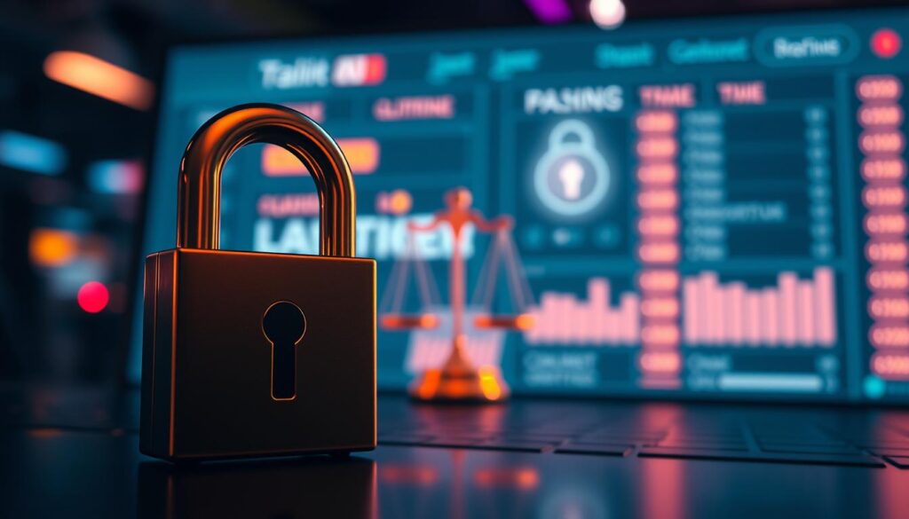 A secure and reliable online gambling platform, illuminated by soft, warm lighting that evokes a sense of trust and professionalism. In the foreground, a padlock icon symbolizes the platform's commitment to data encryption and user privacy, while a scales of justice in the middle ground represent its legal compliance and adherence to regulatory standards. In the background, a clean, modern interface with intuitive navigation hints at the platform's user-friendly design and ease of use. The overall mood is one of reassurance and confidence, inviting users to engage with the platform safely and securely.