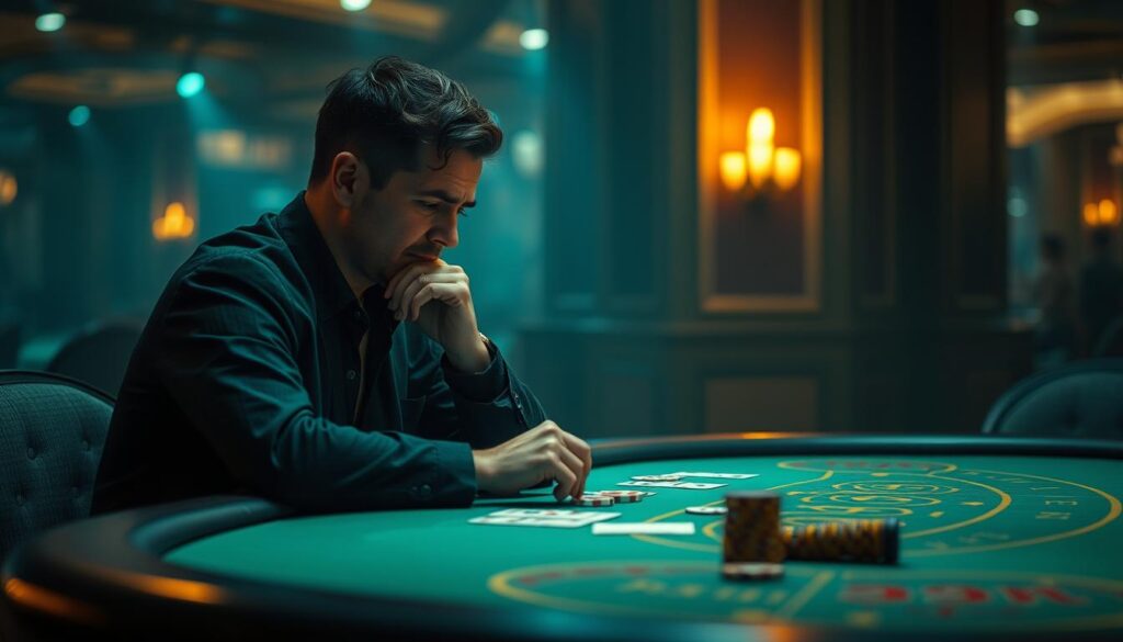 A serene and contemplative casino setting with a single gambler sitting at a baccarat table, deep in thought. The table is illuminated by a warm, diffused spotlight, casting a subtle glow over the cards and chips. The gambler's expression is one of intense focus, their eyes fixed on the cards, reflecting the mental battle unfolding. The background is softly blurred, emphasizing the gambler's state of mind, with a sense of isolation and introspection. Muted tones of green, brown, and gold create a subdued, pensive atmosphere, evoking the psychological aspects of the game.
