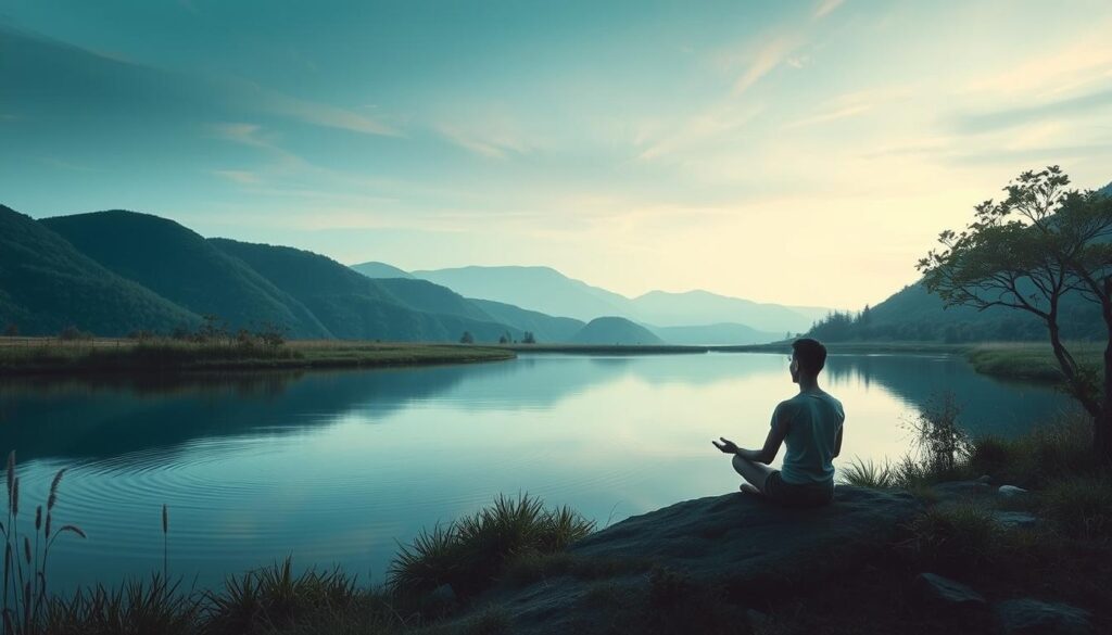 A serene and contemplative landscape, set against a backdrop of lush, verdant hills. In the foreground, a tranquil pond reflects the sky's calming hues, its surface unruffled by the slightest ripple. Seated by the water's edge, a figure in deep meditation, their expression one of unwavering focus and inner peace. Soft, diffused lighting bathes the scene, creating an atmosphere of quiet contemplation. The composition is balanced and harmonious, inviting the viewer to slow down, breathe deeply, and embrace the importance of a tranquil, focused mindset.