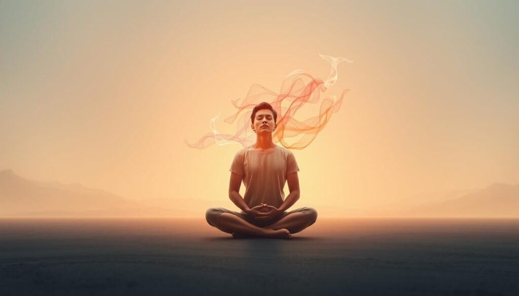 A serene and contemplative scene depicting the concept of "emotional management". In the foreground, a person sits cross-legged in a meditative pose, their eyes closed in deep focus. Soft, warm lighting illuminates their face, conveying a sense of inner peace and tranquility. In the middle ground, a abstract representation of emotions, depicted as wispy, colorful shapes, gently swirls around the central figure, symbolizing the process of managing and channeling one's feelings. The background is a calming, minimalist landscape, with subtle textures and muted hues that create a sense of balance and harmony. The overall composition evokes a mood of introspection, emotional intelligence, and the importance of mindfulness in achieving personal growth and well-being.