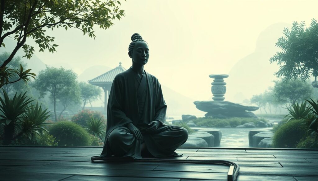 A serene and contemplative scene depicting the essence of "心理素質" (psychological quality). In the foreground, a wise and composed individual sits cross-legged, their eyes closed in deep meditation, exuding an aura of inner peace and mental clarity. The middle ground features a tranquil garden landscape, with lush foliage, a gently flowing stream, and a zen rock formation that symbolizes balance and harmony. The background is bathed in soft, diffused lighting, creating a calming atmosphere that invites the viewer to introspect and reflect on the importance of psychological resilience and emotional intelligence in the context of a challenging endeavor, such as the game of baccarat.
