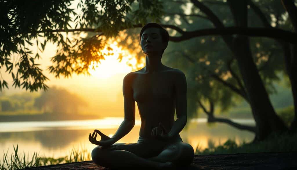 A serene and contemplative scene depicting the nuances of emotional and psychological management. In the foreground, a serene figure sits in a meditative pose, eyes closed, exuding a sense of inner calm and focus. The middle ground features a lush, verdant landscape with swaying trees and a tranquil body of water, reflecting the harmony of the scene. The background is illuminated by a warm, golden light, creating a sense of balance and wholeness. The lighting is soft and diffused, casting gentle shadows and highlighting the tranquil mood. The camera angle is slightly elevated, allowing the viewer to observe the scene from a thoughtful, introspective perspective. Overall, the image conveys the importance of mindfulness, self-awareness, and emotional control in achieving success and fulfillment.