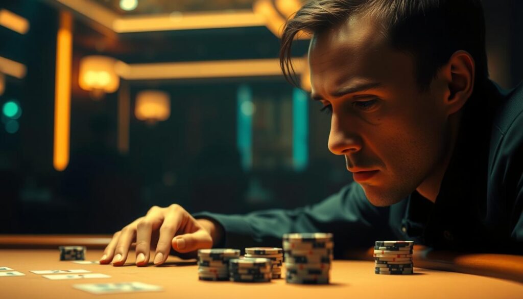 A serene and contemplative scene of a person engaged in deep concentration, their gaze fixed inward as they navigate the intricate mental landscape of baccarat strategy. Muted tones of jade and ochre set the stage, evocative of the traditional casino environment. Soft, diffused lighting casts a warm, introspective glow, guiding the viewer's focus to the subject's unwavering poise and composure. The scene conveys a sense of mastery, where disciplined mental fortitude and emotional control are the keys to success in the high-stakes world of baccarat.