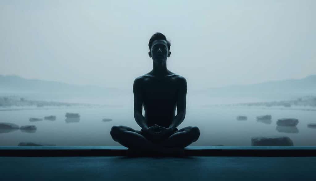 A serene and contemplative scene of a person engaged in emotional management. In the foreground, a figure sits cross-legged, eyes closed, hands resting gently on their lap, their expression calm and focused. Soft, diffused lighting illuminates their features, creating a sense of inner peace and tranquility. In the middle ground, a minimalist, Zen-inspired landscape unfolds, with clean lines, muted colors, and natural elements like rocks and water, evoking a sense of balance and harmony. The background features a distant, hazy horizon, suggesting a vast, expansive space for the mind to wander and find clarity. The overall atmosphere is one of introspection, emotional self-awareness, and the cultivation of mental and psychological well-being.